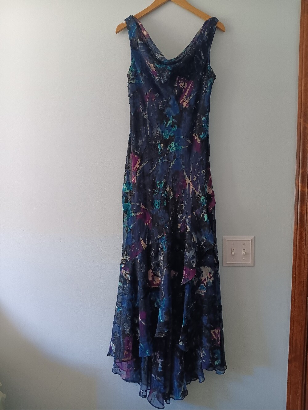 Vtg Alex Evenings Burnout Sequin Beaded Ruffle Bottom Maxi Cowl Neck Dress 10